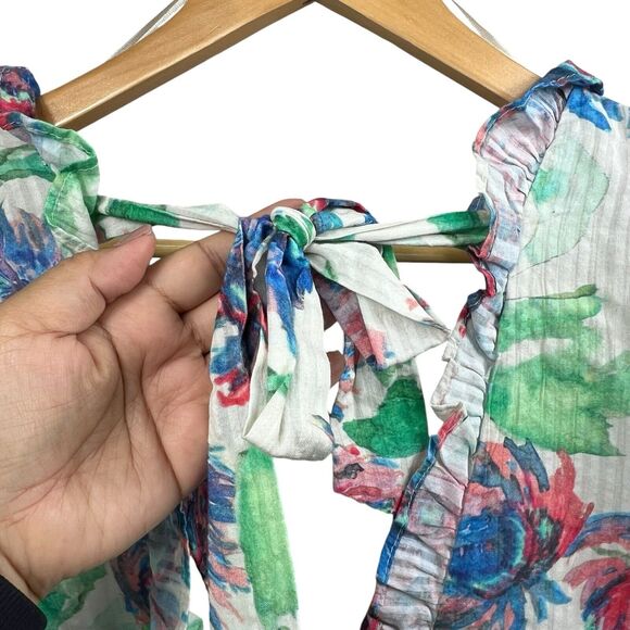 Anthropologie Floral Plunging V Long Sleeve Crop Top Size L Large Tie Back - Picture 5 of 14